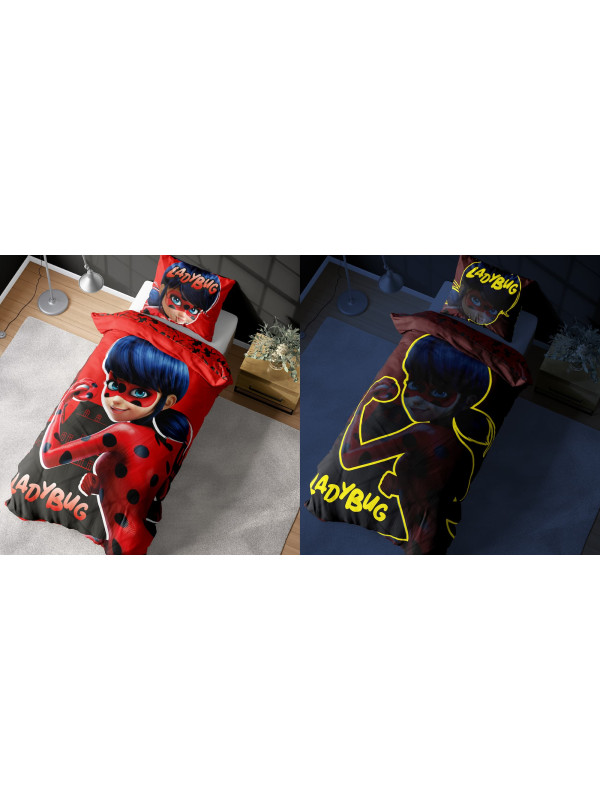 POŚCIEL ŚWIECĄCA W CIEMNOŚCI BAWEŁNIANA 140x200 MIRACULOUS BIEDRONKA I KOT MIR-01