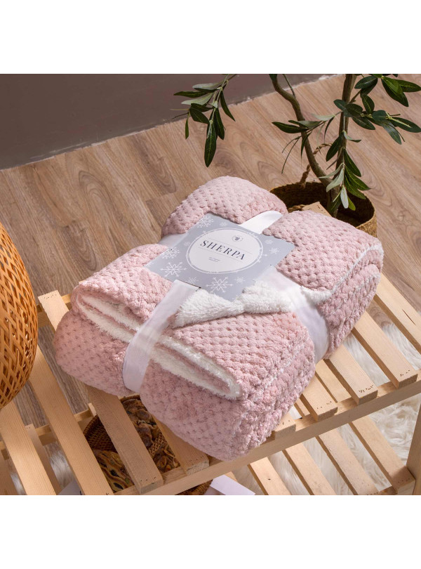 KOC 150x200 BARANEK SHERPA DWUSTRONNY PUDROWY RÓŻ + BIAŁY