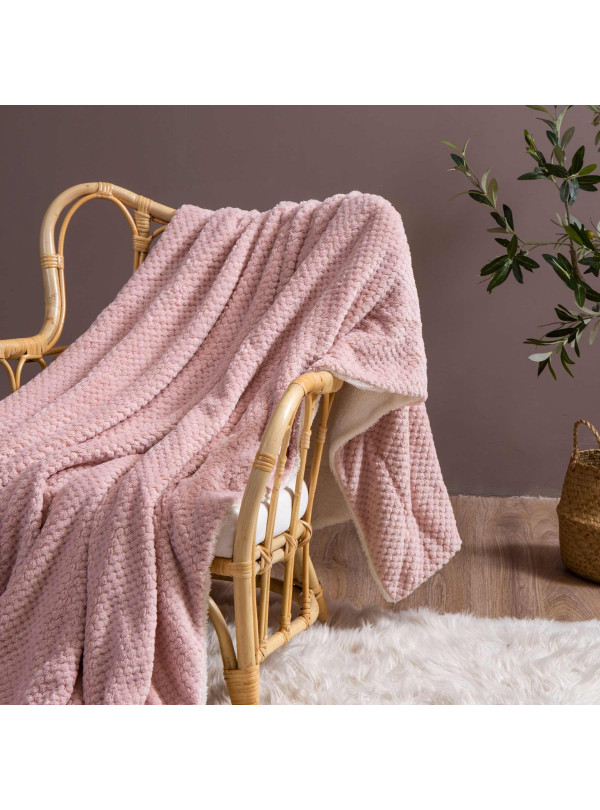 KOC 150x200 BARANEK SHERPA DWUSTRONNY PUDROWY RÓŻ + BIAŁY