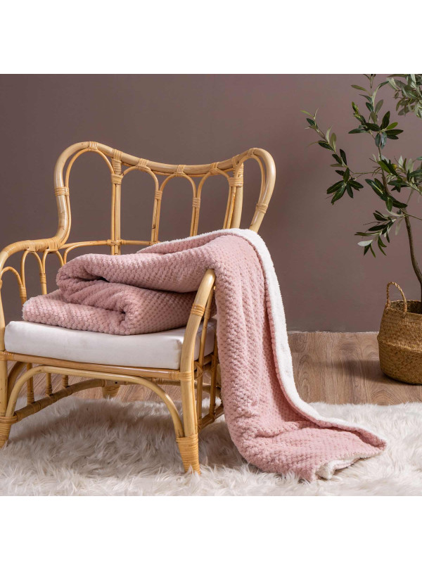 KOC 150x200 BARANEK SHERPA DWUSTRONNY PUDROWY RÓŻ + BIAŁY