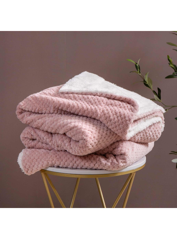 KOC 150x200 BARANEK SHERPA DWUSTRONNY PUDROWY RÓŻ + BIAŁY