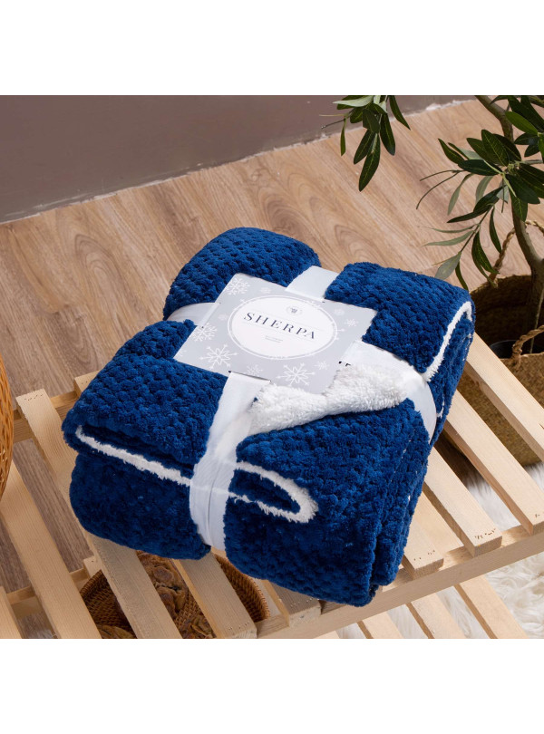 KOC 150x200 BARANEK SHERPA DWUSTRONNY GRANATOWY + BIAŁY