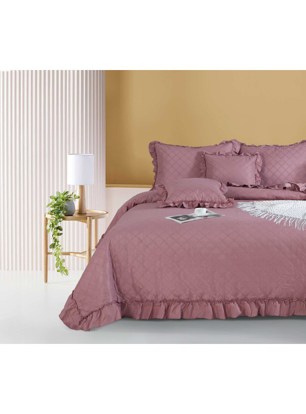 NARZUTA NA ŁÓZKO 200x220 PIKOWANA Z FALBANKĄ CIEMNY PUDROWY RÓŻ