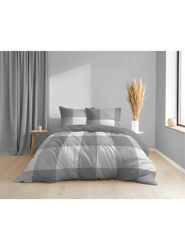 KOMPLET POŚCIELI Z MIKROSATYNY 160x200 W KRATĘ SZARA 5343_A