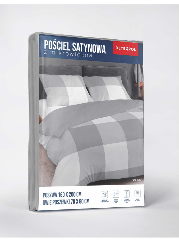 KOMPLET POŚCIELI Z MIKROSATYNY 160x200 W KRATĘ SZARA 5343_A