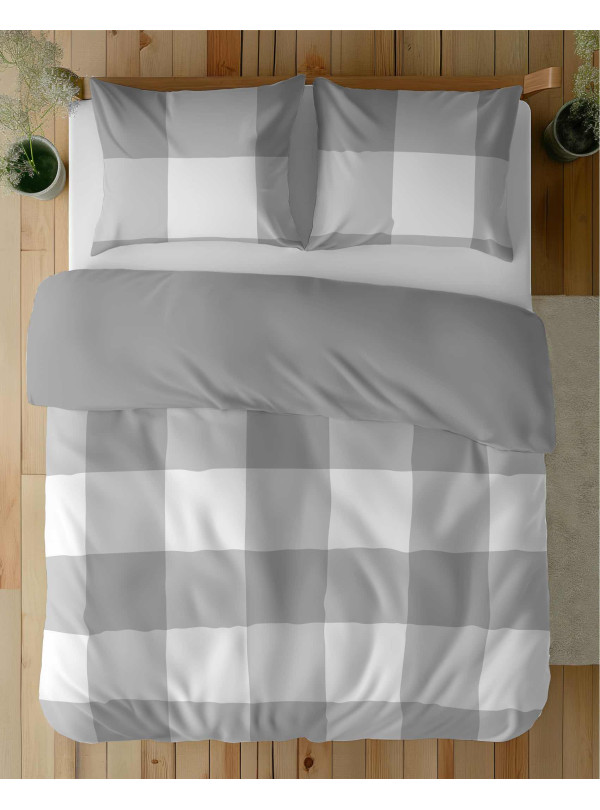 KOMPLET POŚCIELI Z MIKROSATYNY 160x200 W KRATĘ SZARA 5343_A