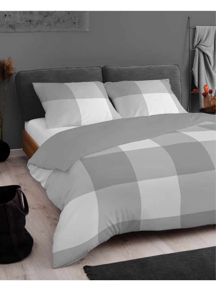 KOMPLET POŚCIELI Z MIKROSATYNY 160x200 W KRATĘ SZARA 5343_A