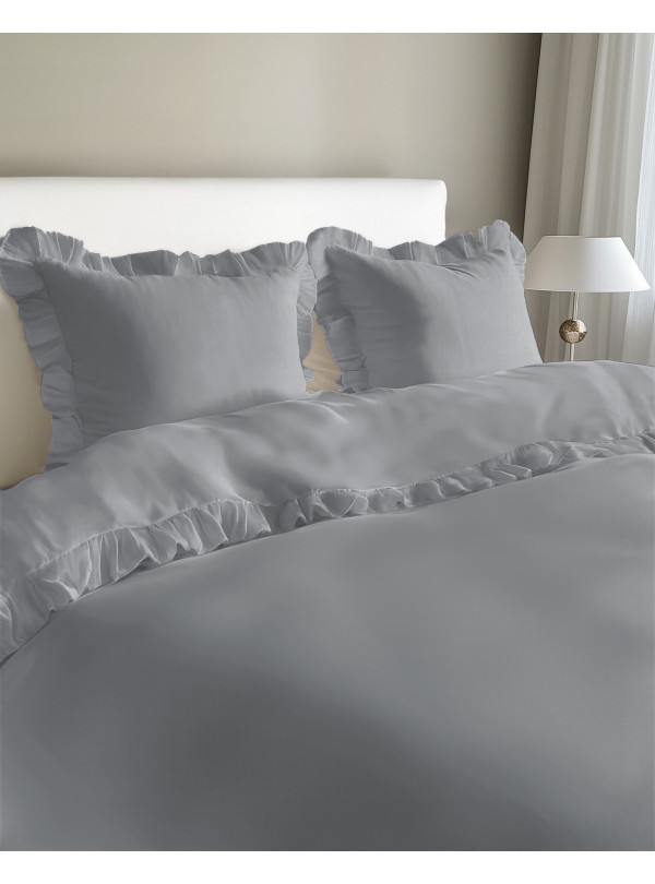 KOMPLET POŚCIELI BAWEŁNIANEJ 200x220 Z FALBANKĄ JASNOSZARA