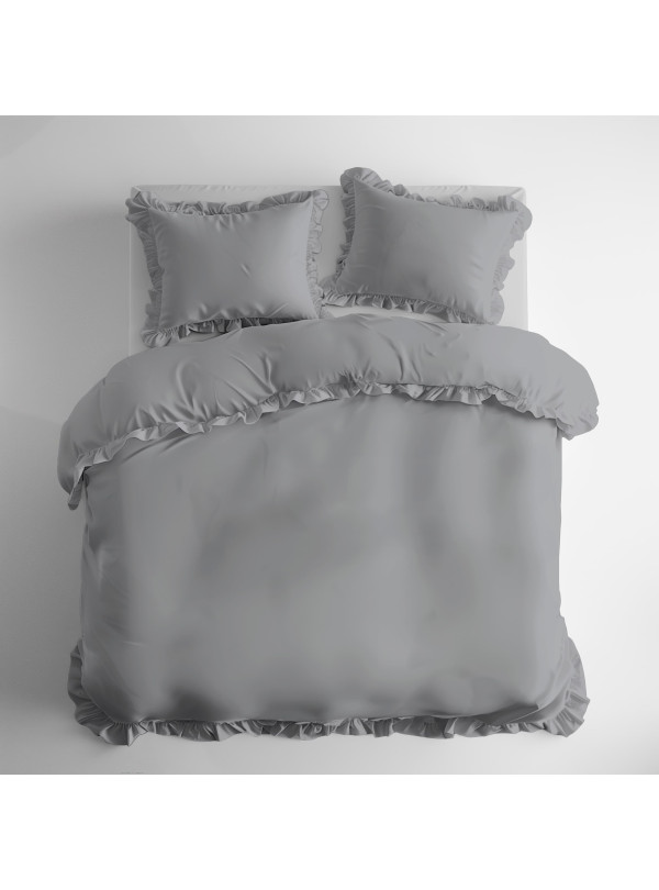 KOMPLET POŚCIELI BAWEŁNIANEJ 200x220 Z FALBANKĄ JASNOSZARA