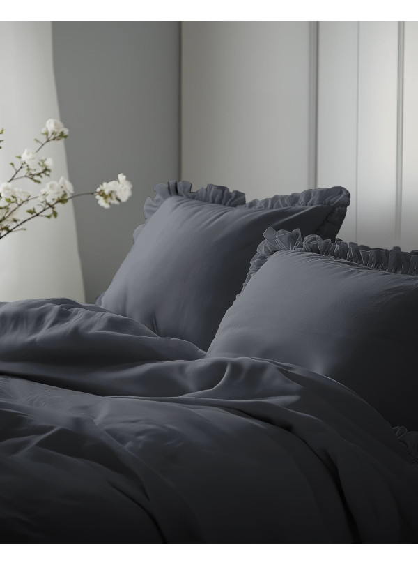 KOMPLET POŚCIELI BAWEŁNIANEJ 200x220 Z FALBANKĄ GRAFITOWA