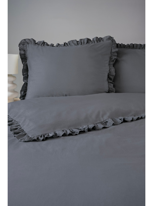 KOMPLET POŚCIELI BAWEŁNIANEJ 160x200 Z FALBANKĄ GRAFITOWA
