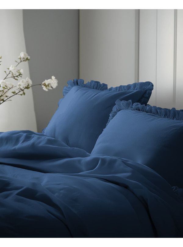 KOMPLET POŚCIELI BAWEŁNIANEJ 160x200 Z FALBANKĄ NIEBIESKA