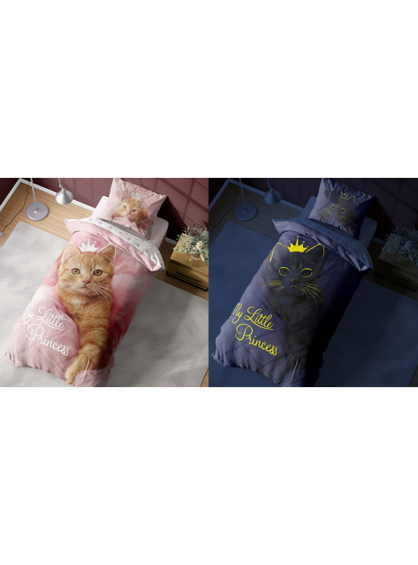 POŚCIEL 140x200 ŚWIECĄCA W CIEMNOŚCI Z KOTEM RÓŻOWA 4232_A