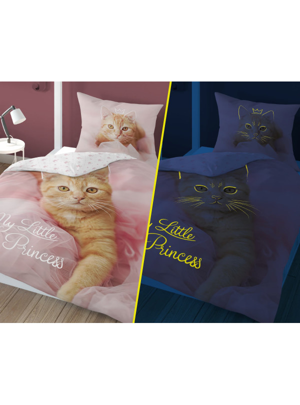 POŚCIEL 160x200 ŚWIECĄCA W CIEMNOŚCI Z KOTEM RÓŻOWA 4232_A