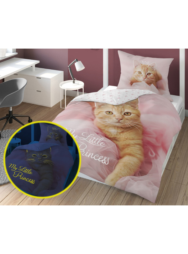 POŚCIEL 160x200 ŚWIECĄCA W CIEMNOŚCI Z KOTEM RÓŻOWA 4232_A