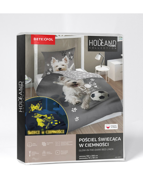 POŚCIEL 140x200 ŚWIECĄCA W CIEMNOŚCI PIES Z PIŁKĄ 5205_A
