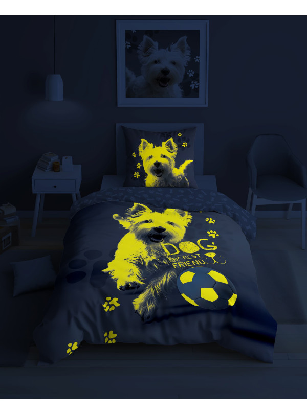 POŚCIEL 140x200 ŚWIECĄCA W CIEMNOŚCI PIES Z PIŁKĄ 5205_A