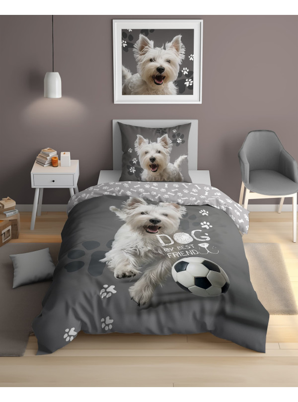 POŚCIEL 140x200 ŚWIECĄCA W CIEMNOŚCI PIES Z PIŁKĄ 5205_A