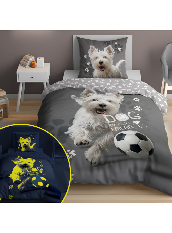 POŚCIEL 160x200 ŚWIECĄCA W CIEMNOŚCI PIES Z PIŁKĄ 5205_A