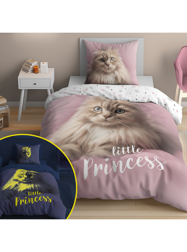 POŚCIEL 140x200 ŚWIECĄCA W CIEMNOŚCI Z KOTEM RÓŻOWA 5211_A