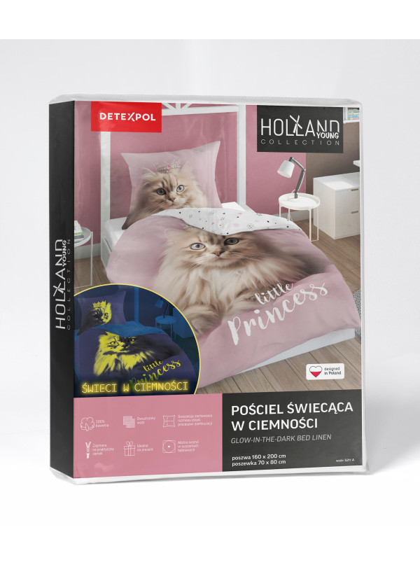 POŚCIEL 160x200 ŚWIECĄCA W CIEMNOŚCI Z KOTEM RÓŻOWA 5211_A