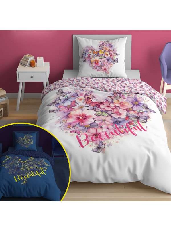 POŚCIEL 140x200 ŚWIECĄCA W CIEMNOŚCI SERCE Z KWIATÓW 5406_A