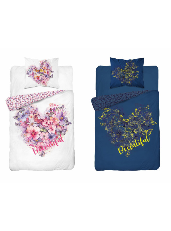 POŚCIEL 140x200 ŚWIECĄCA W CIEMNOŚCI SERCE Z KWIATÓW 5406_A