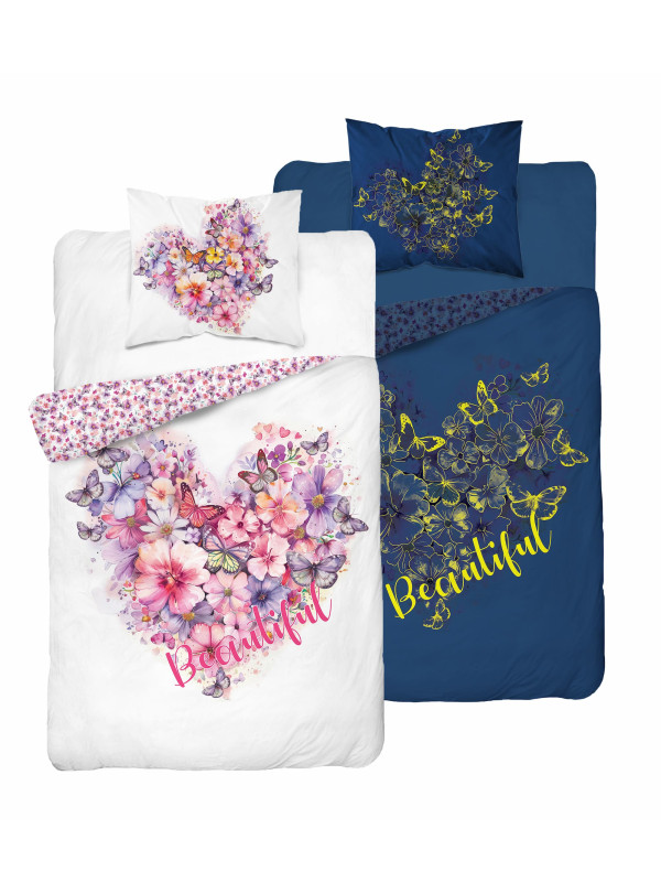 POŚCIEL 140x200 ŚWIECĄCA W CIEMNOŚCI SERCE Z KWIATÓW 5406_A