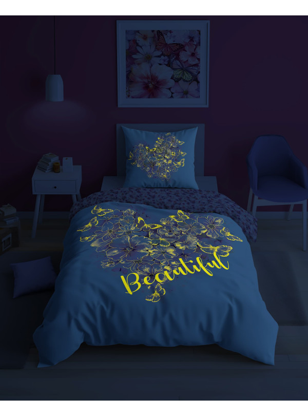 POŚCIEL 160x200 ŚWIECĄCA W CIEMNOŚCI SERCE Z KWIATÓW 5406_A