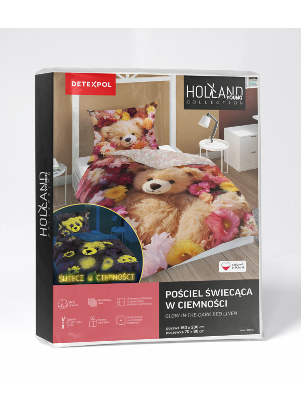 POŚCIEL 140x200 ŚWIECĄCA W CIEMNOŚCI MIŚ W KWIATACH 5415_A