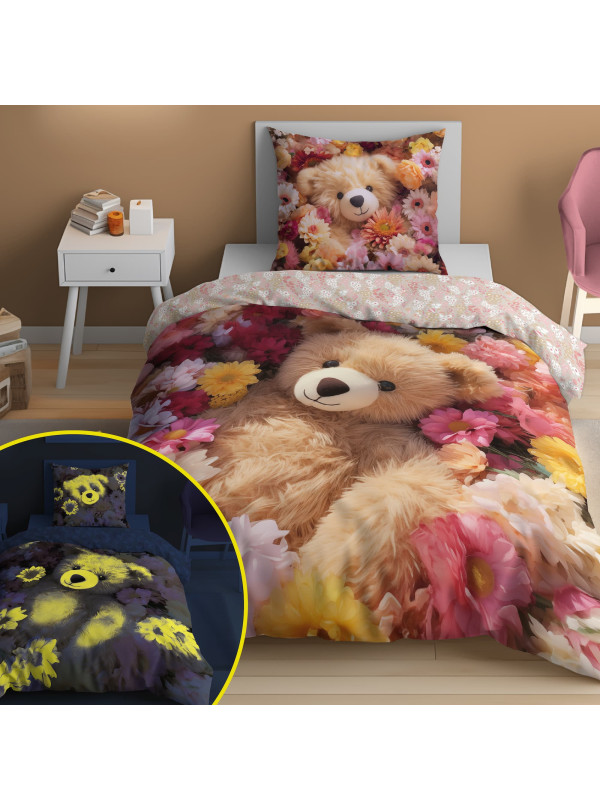 POŚCIEL 140x200 ŚWIECĄCA W CIEMNOŚCI MIŚ W KWIATACH 5415_A