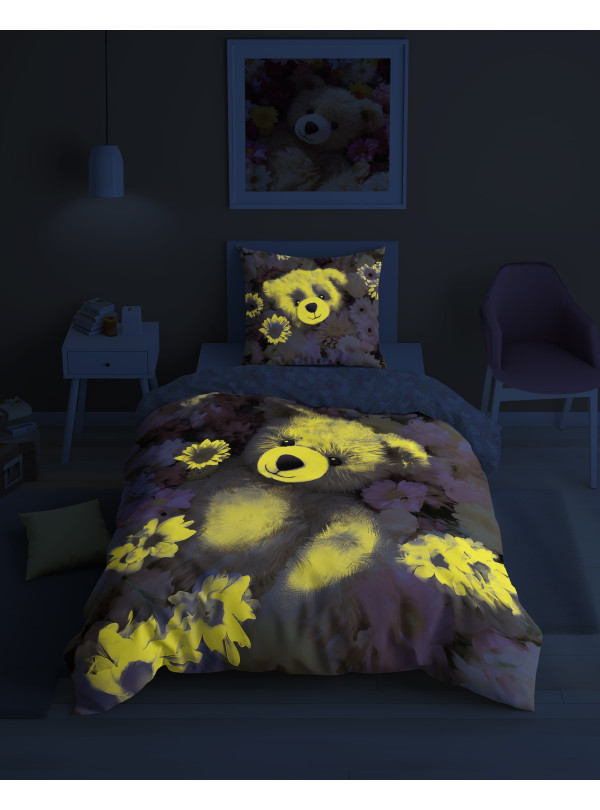 POŚCIEL 160x200 ŚWIECĄCA W CIEMNOŚCI MIŚ W KWIATACH 5415_A